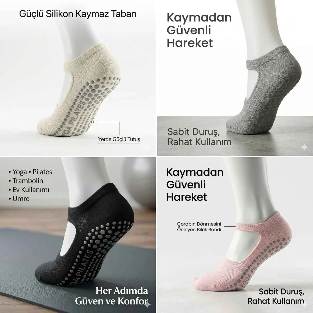 Kadın Kaymaz Yoga Pilates Çorabı 4'lü | Silikon Taban, Bilek Bantlı, Ev Spor Umre, 4 Renk görseli