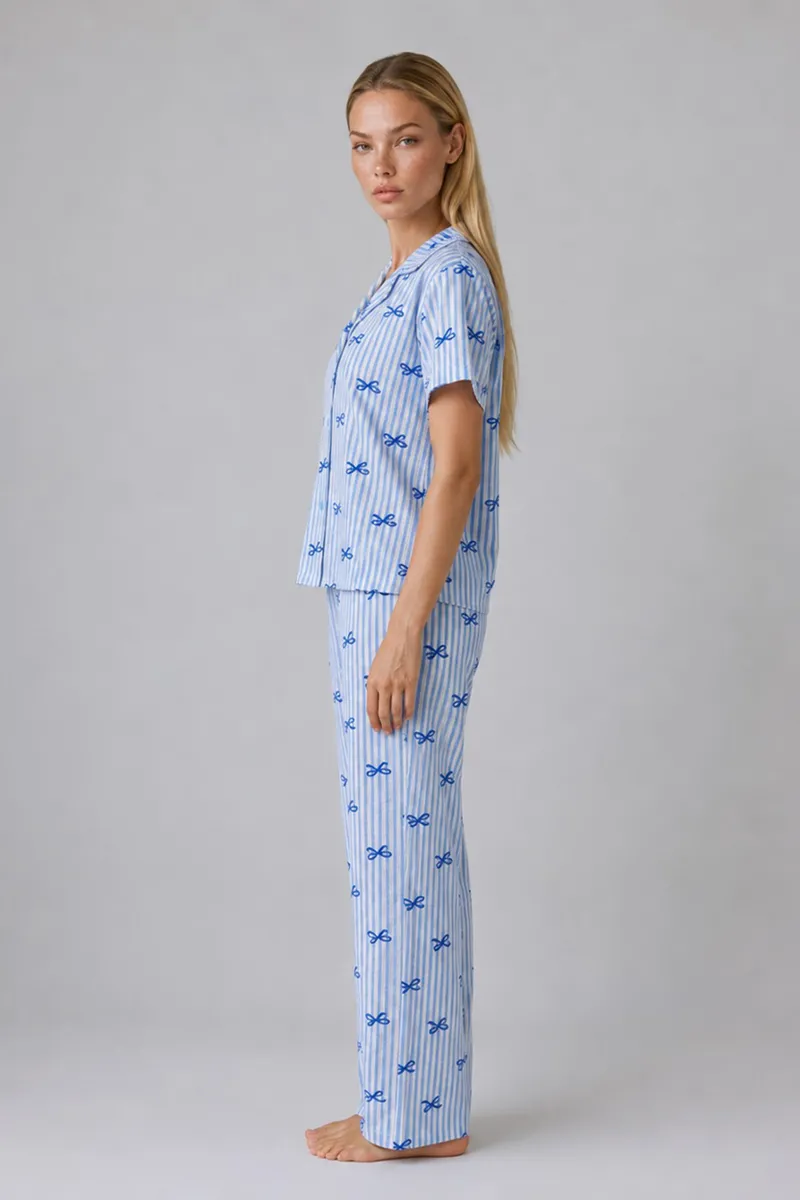 Mavi Kurdele Desenli Çizgili Bürümcük Pijama Takımı 4645-Mavi görseli