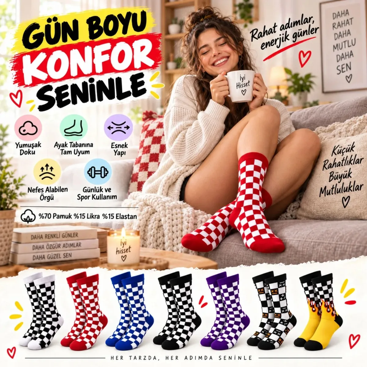 UNİSEX Çorap Dama Desenli Renkli 14'lü Set Kareli Alev Desenli Uzun Soket Günlük Spor Çorabı görseli