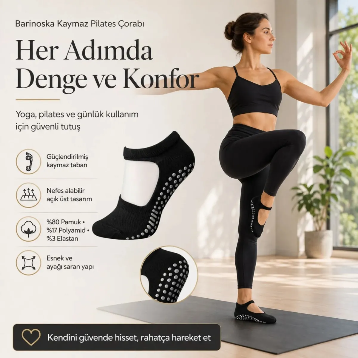 Kadın Siyah Kaymaz Yoga Pilates Çorabı 3'lü | Silikon Taban, Bilek Bantlı, Ev Spor Umre görseli