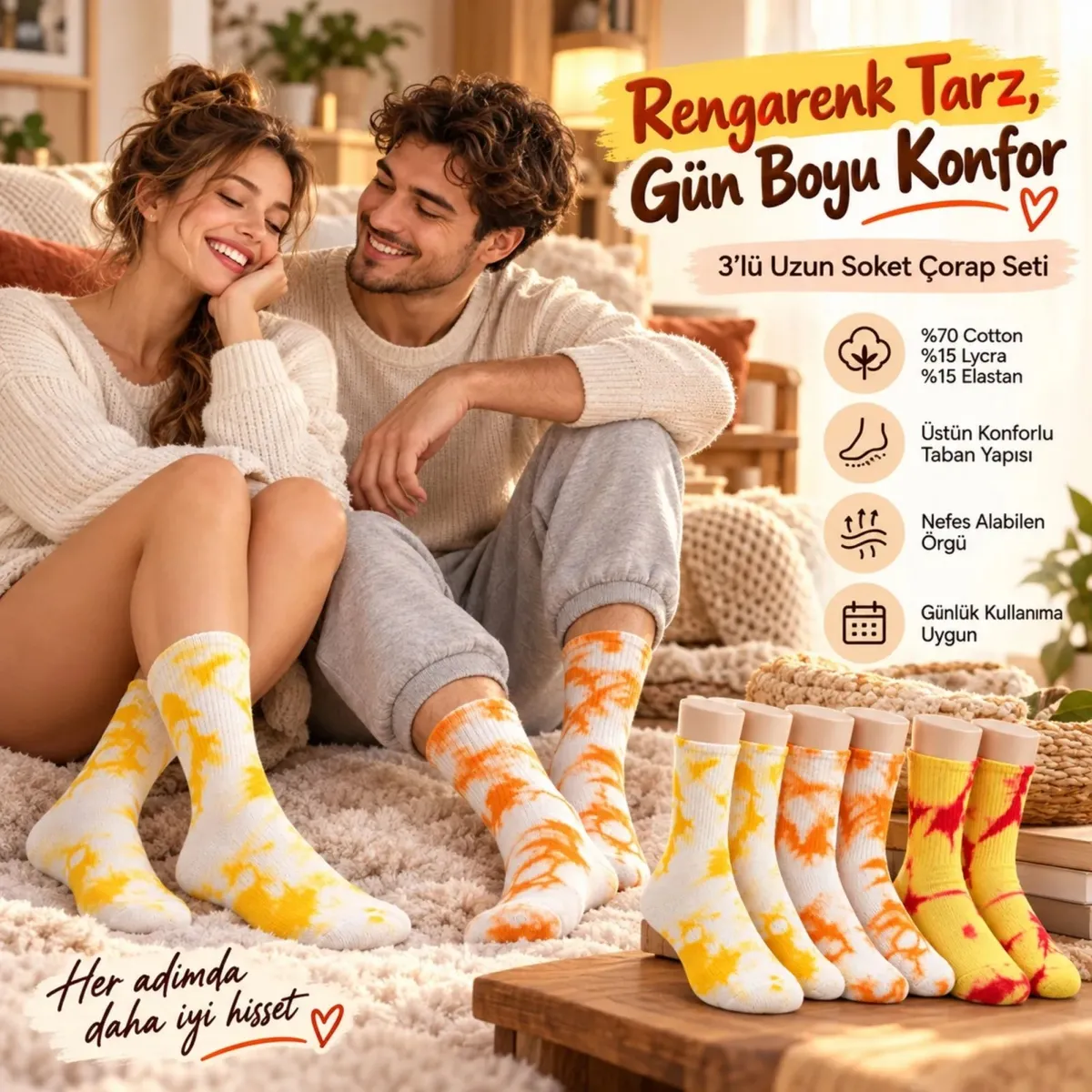 Unisex Batik Desenli Çorap 6'lı Set Pamuklu Renkli Uzun Soket Dikişsiz Nefes Alan Günlük Spor Çorabı Sarı-Beyaz-Turuncu-Kırmızı