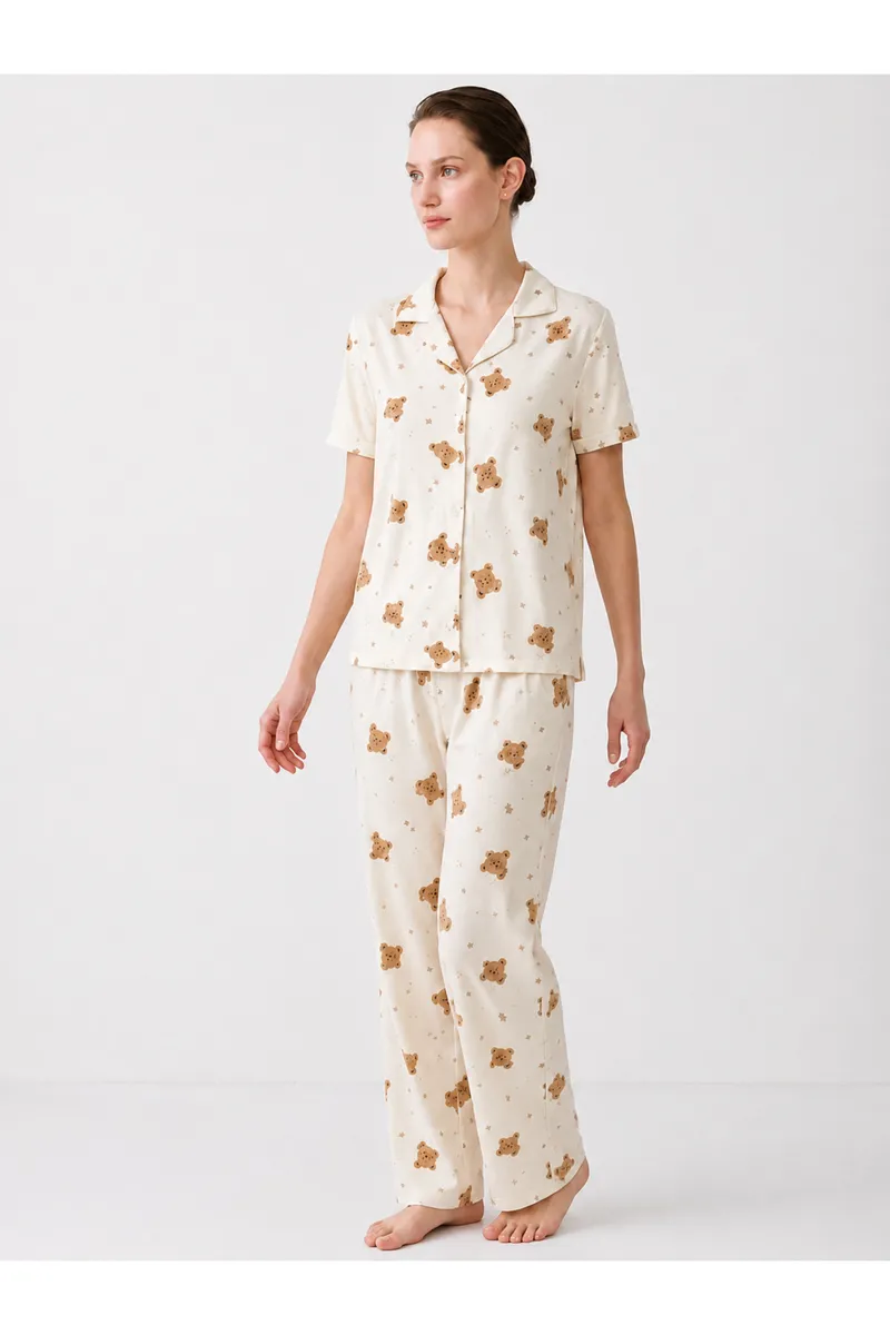 Regular V Yaka Günlük Kırık Beyaz Pijama Takımı görseli