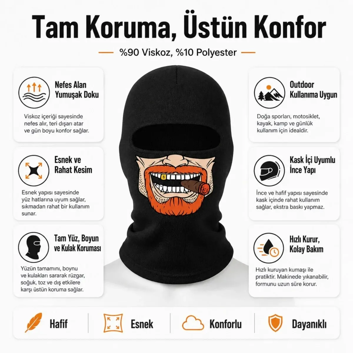 Unisex Sakallı Puro Baskılı Balaklava 1 Adet Tek Beden Viskoz Kask İçi Outdoor Maske görseli
