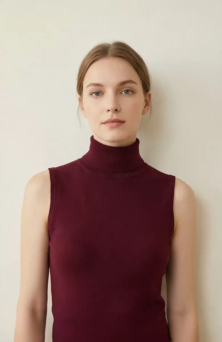 Kadın Bordo Kolsuz Balıkçı Yaka Basic Bluz