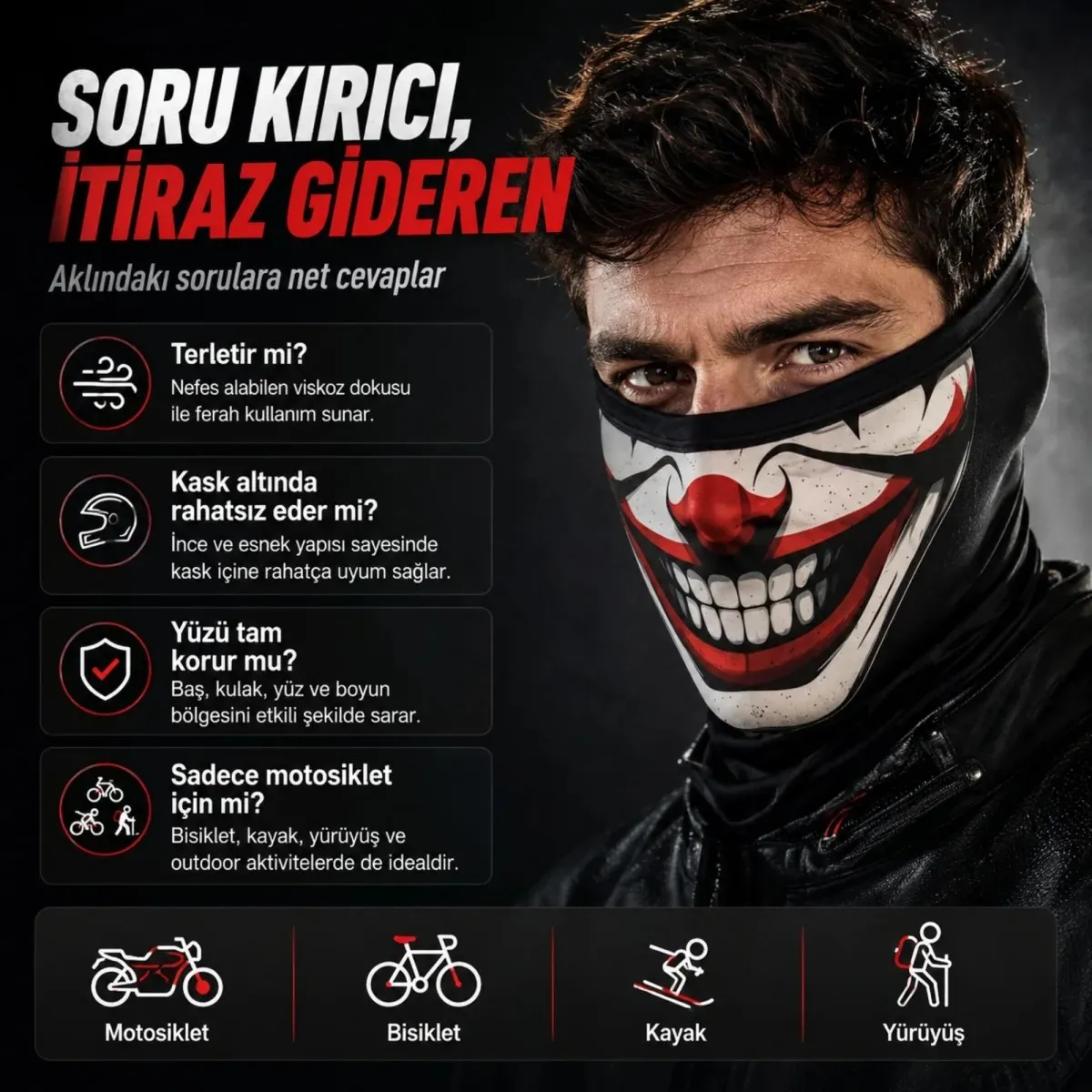 Unisex Palyaço Baskılı Balaklava Maske 1 Adet Tek Beden Viskoz Kask İçi Outdoor Motosiklet Maskesi görseli