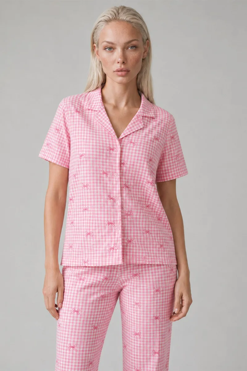 Ekose Fiyonk Desenli Kısa Kollu Pijama Takımı Kadın Düğmeli Uzun Alt Pembe Pijama Takımı 4633 görseli