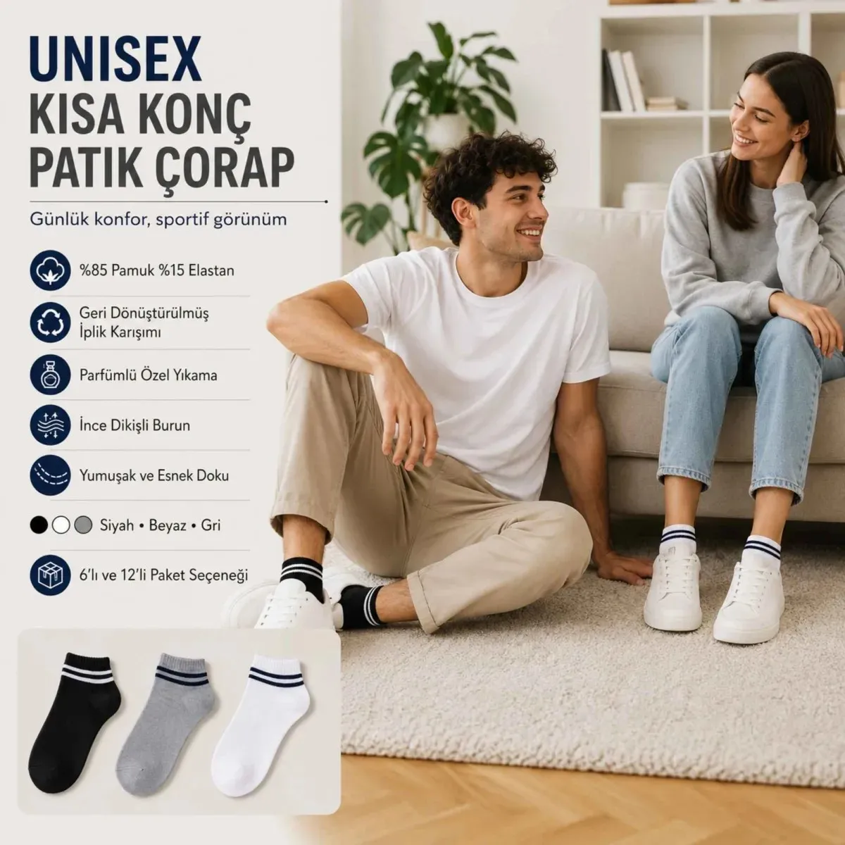 Unisex Çizgili Patik Çorap 6'lı | %85 Pamuklu Geri Dönüşüm İplikli, İnce Dikişli Spor