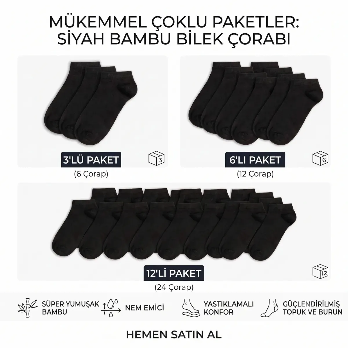 Kadın Bambu Patik Çorap 12'li | Nefes Alan Nem Emici Yumuşak, Siyah Beyaz Gri görseli