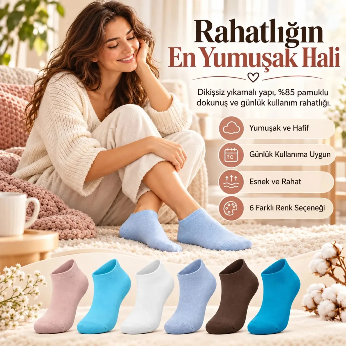 Kadın Yıkamalı Dikişsiz Patik Çorap 6'lı Kutulu Set | Renkli Günlük Sneaker Çorabı Hediyelik Paketi! görseli