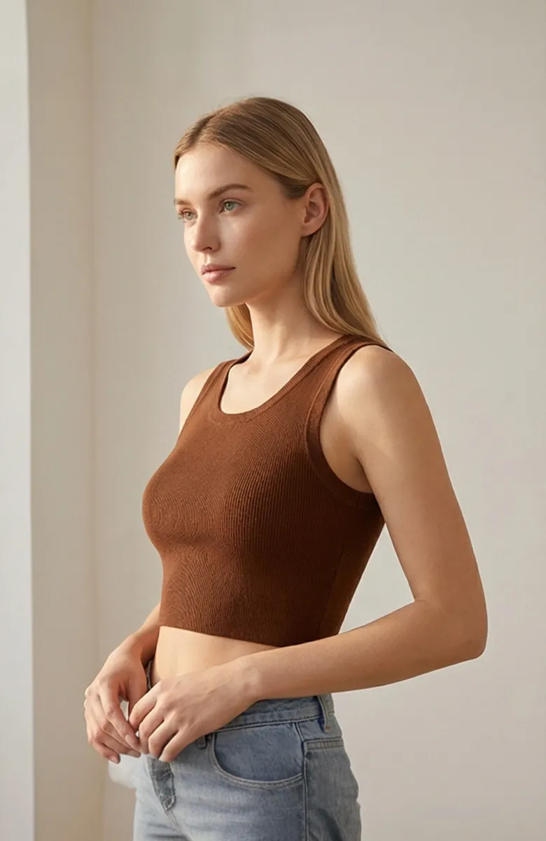 Kadın Kahverengi Kare Yaka Crop Top Bluz – Şık, Rahat ve Kolay Kombinlenebilir görseli
