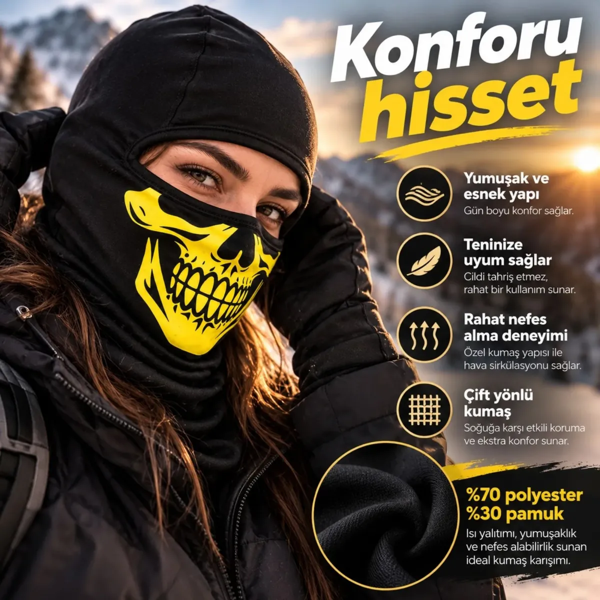 Unisex Sarı Kurukafa Desenli Balaklava Kar Maskesi | Siyah Tam Yüz Boyunluk Motosiklet Outdoor Maske görseli