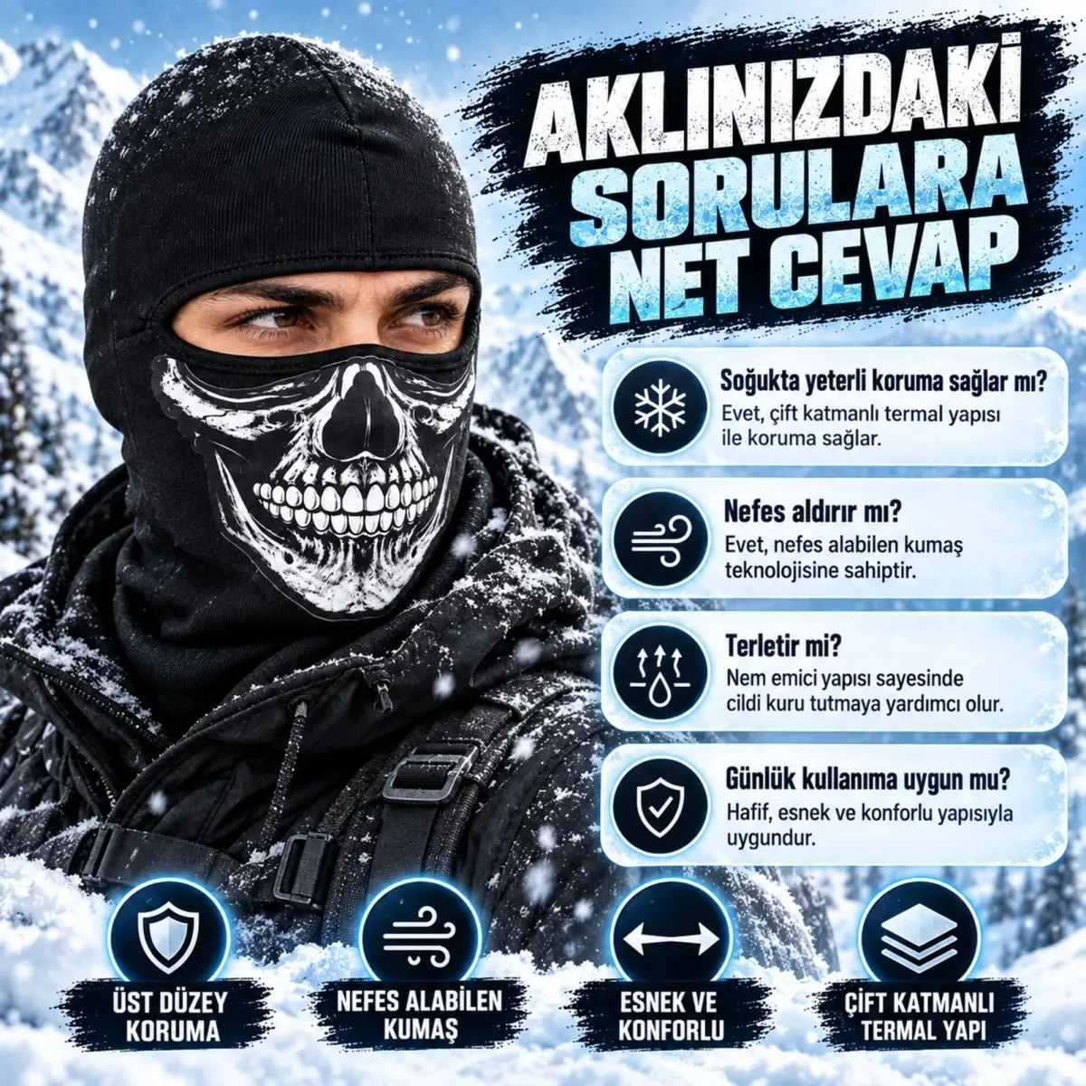 Unisex Kurukafa Desenli Balaklava Kışlık Tam Yüz Maske Nefes Alan Esnek Kask Altı Boyunluk Siyah Set görseli