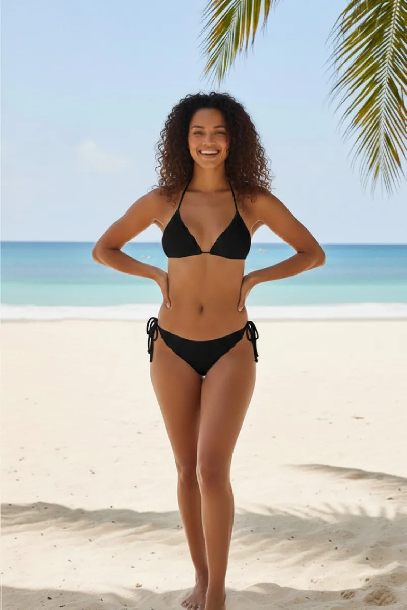Kadın Siyah Pedli Bel ve Boyundan Bağlamalı Dantelli Şık Bikini Takımı görseli