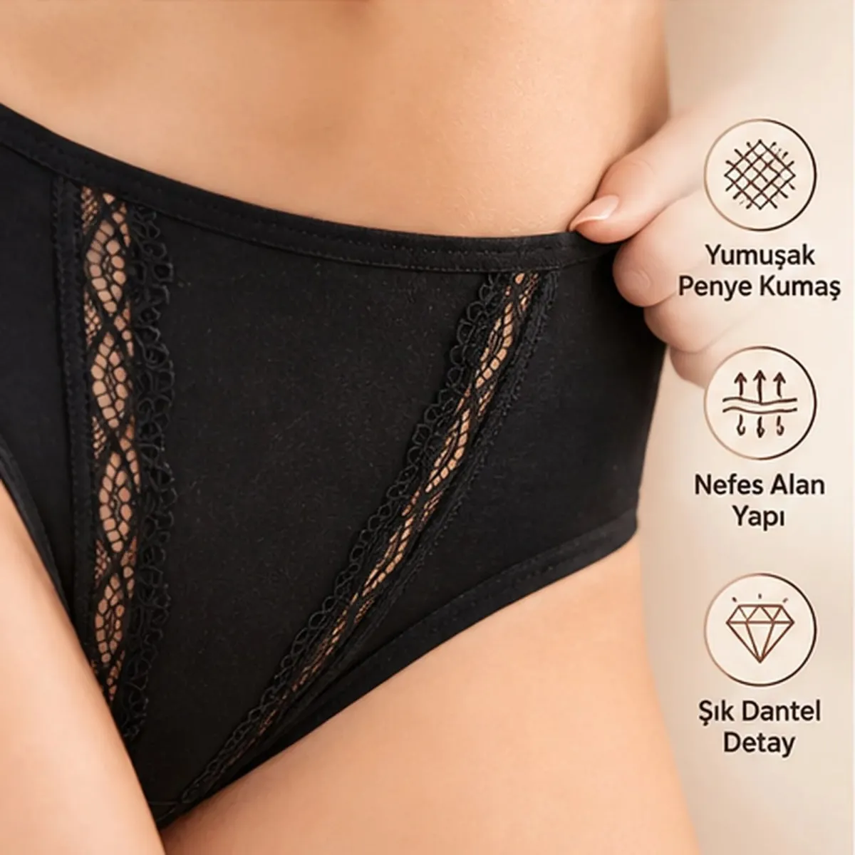 Kadın Pamuklu Zikzak İşlemeli Bikini Kesim Külot Siyah, Beyaz | Dantel Detaylı Rahat Günlük İç Giyim görseli