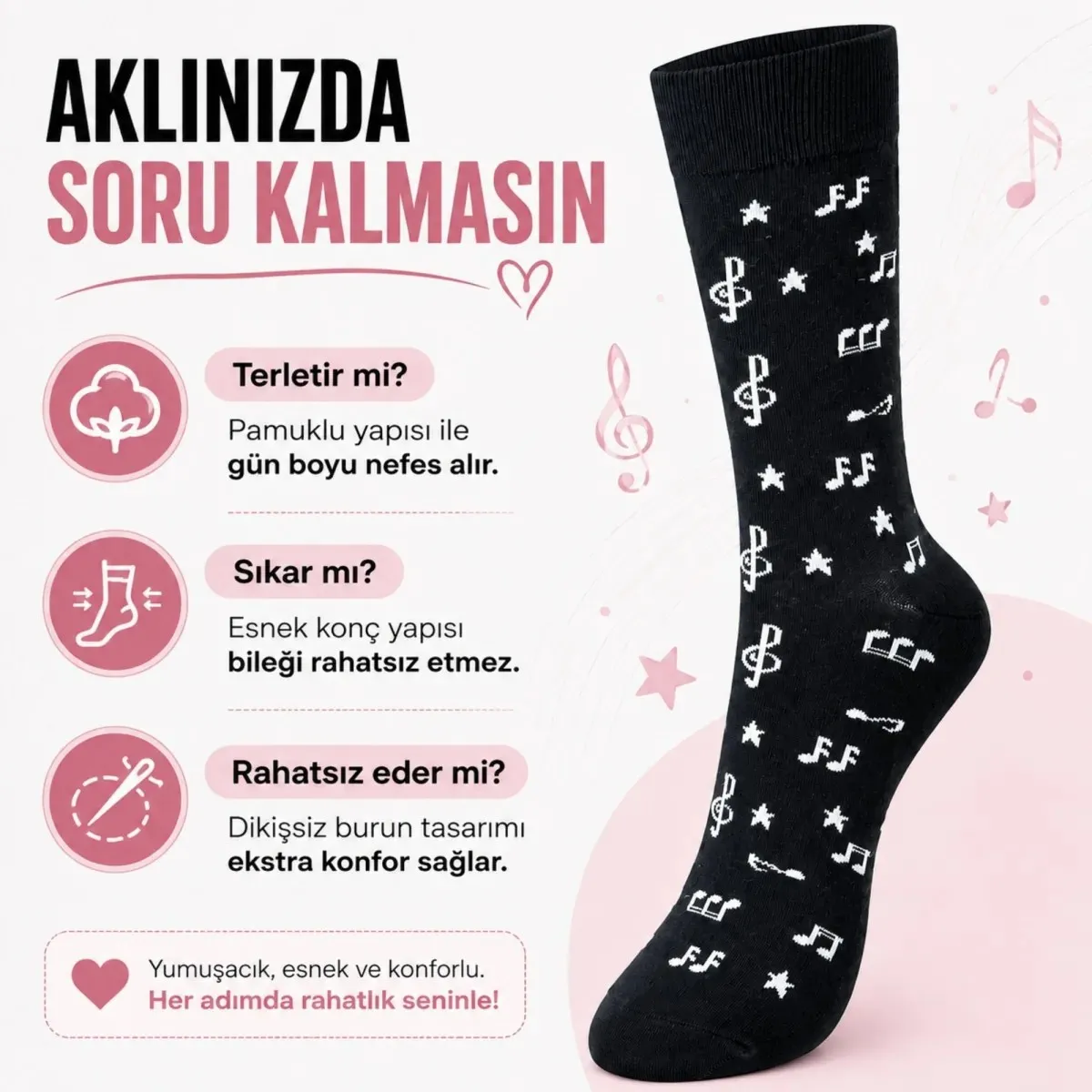 Kadın Müzik Notalı Soket Çorap 36-40 | Pamuklu Dikişsiz Burun Siyah Beyaz Uzun Konç görseli