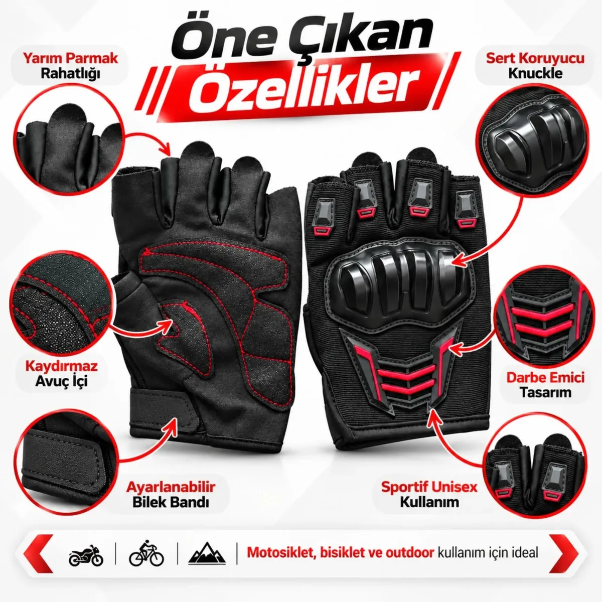 Unisex Yarım Parmak Motosiklet Eldiveni | 3D Knuckle Panelli Kaydırmaz Avuç İçi Ayarlı Bilek Bantlı görseli