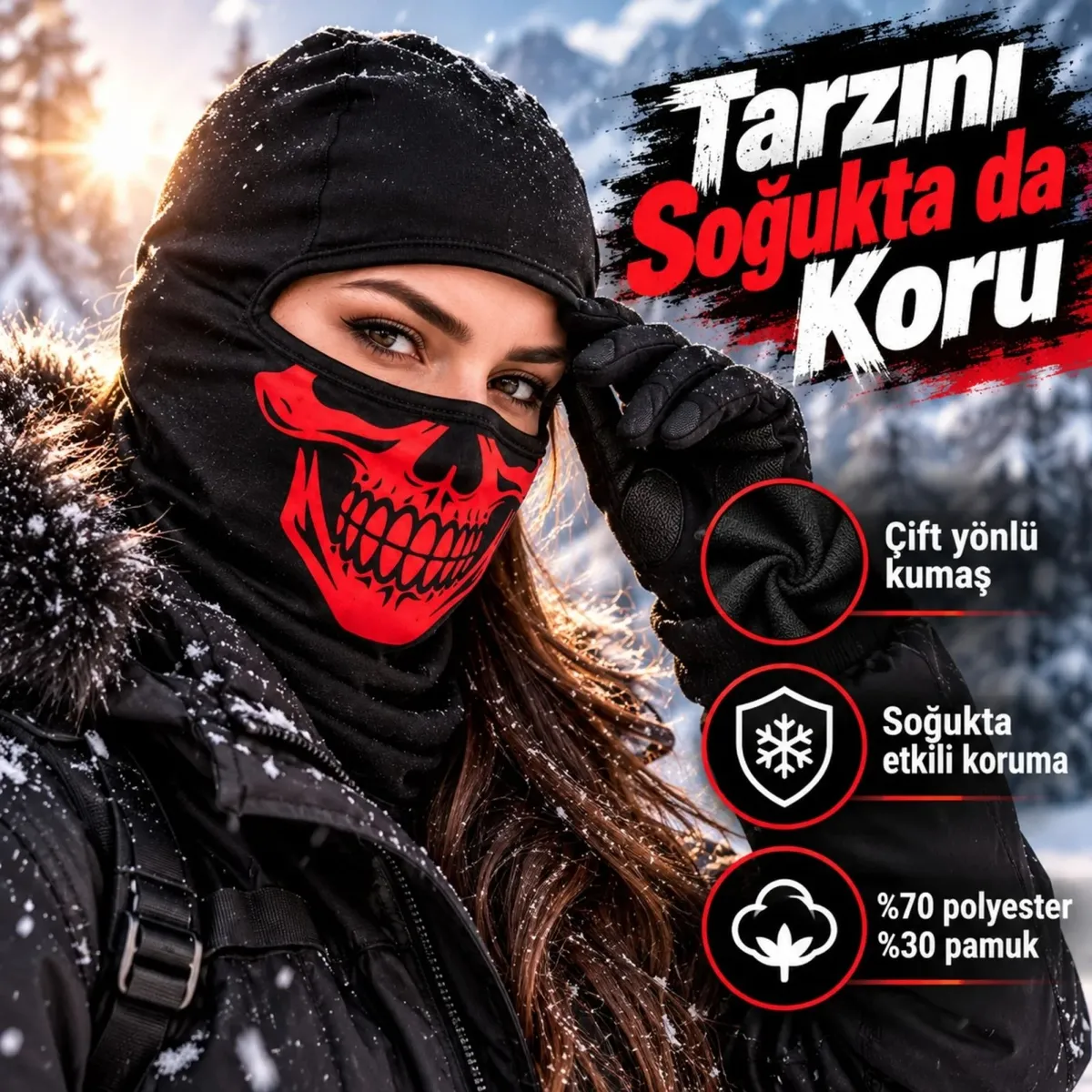 Unisex Kırmızı Kurukafa Desenli Balaklava Kar Maskesi | Siyah Tam Kafa Boyunluk Motorcu Yüz Maskesi! görseli