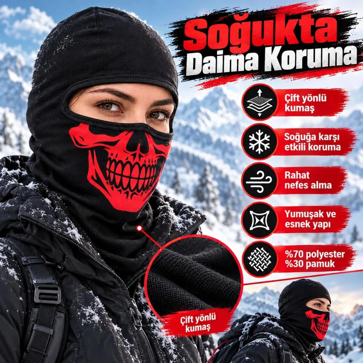 Unisex Kırmızı Kurukafa Desenli Balaklava Kar Maskesi | Siyah Tam Kafa Boyunluk Motorcu Yüz Maskesi! görseli