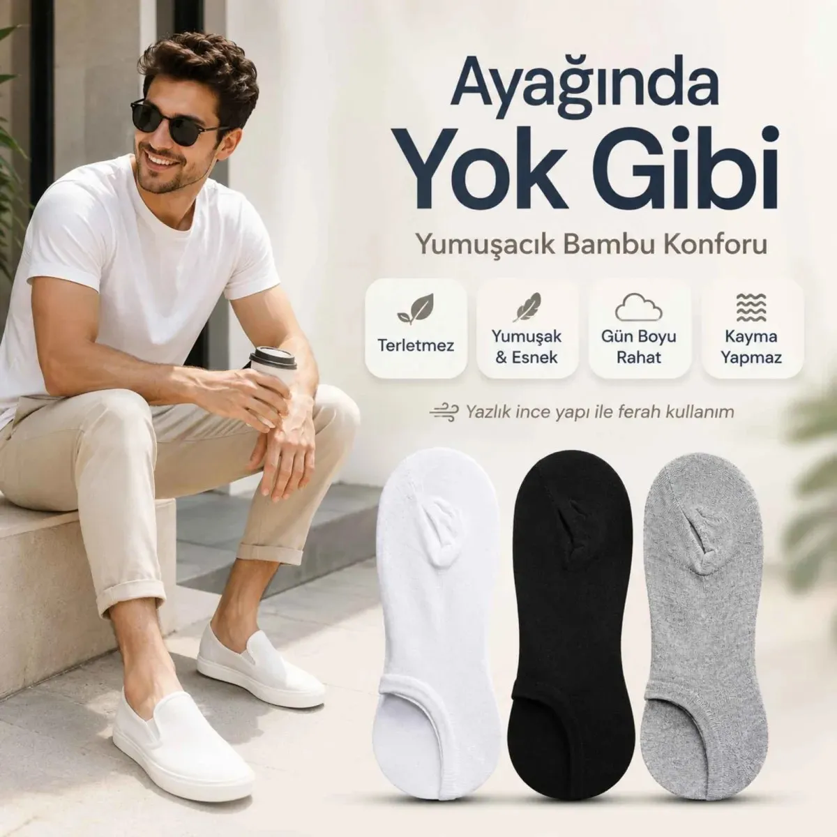 Erkek Bambu 6’lı Dikişsiz Babet Çorap Siyah Beyaz Gri Görünmez Sneaker Çorap Nefes Alan Yumuşak görseli