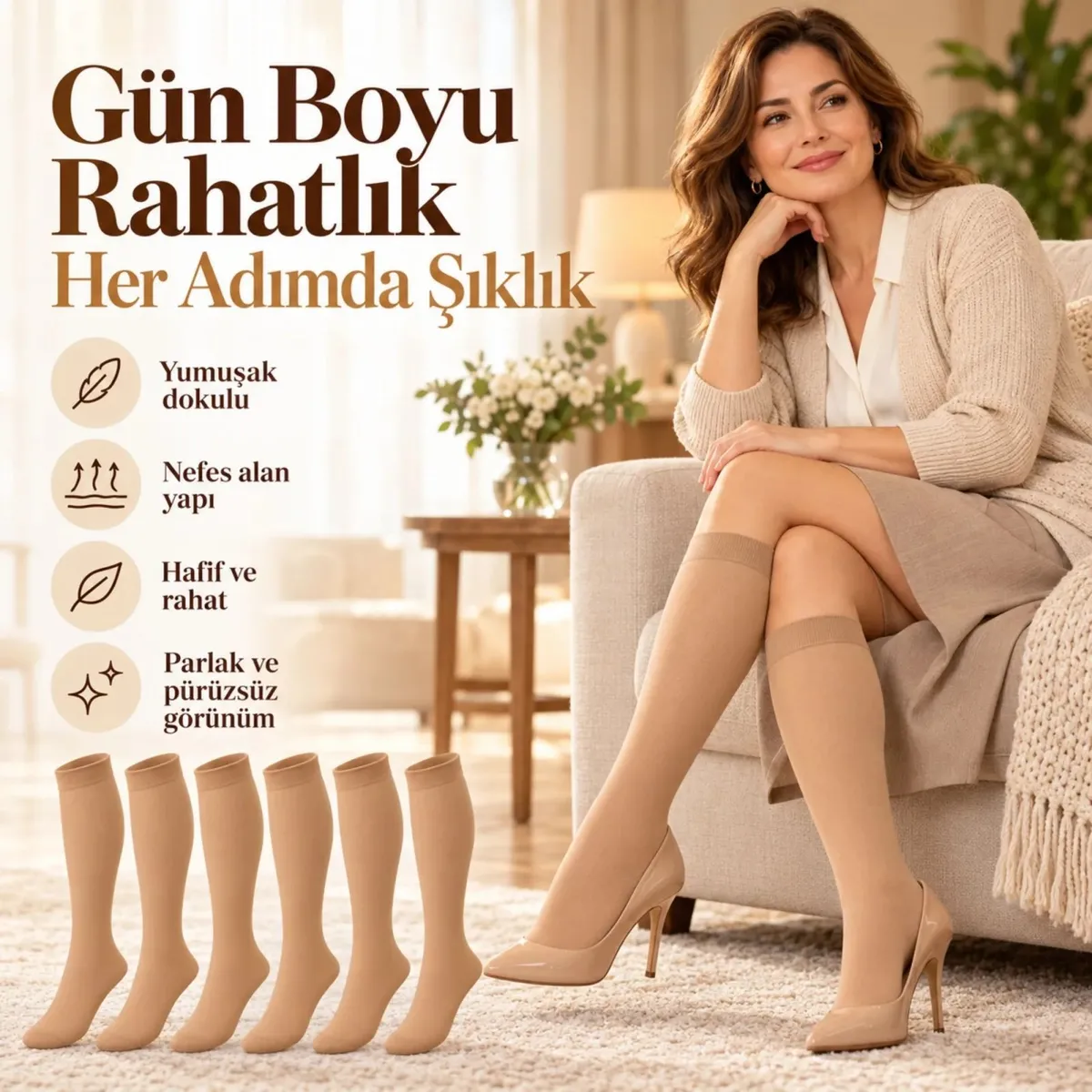 Kadın 12'li İnce Parlak Diz Altı Çorap Seti | Siyah Ten Sahra Renkli Zarif Günlük Dizaltı Çoraplar görseli