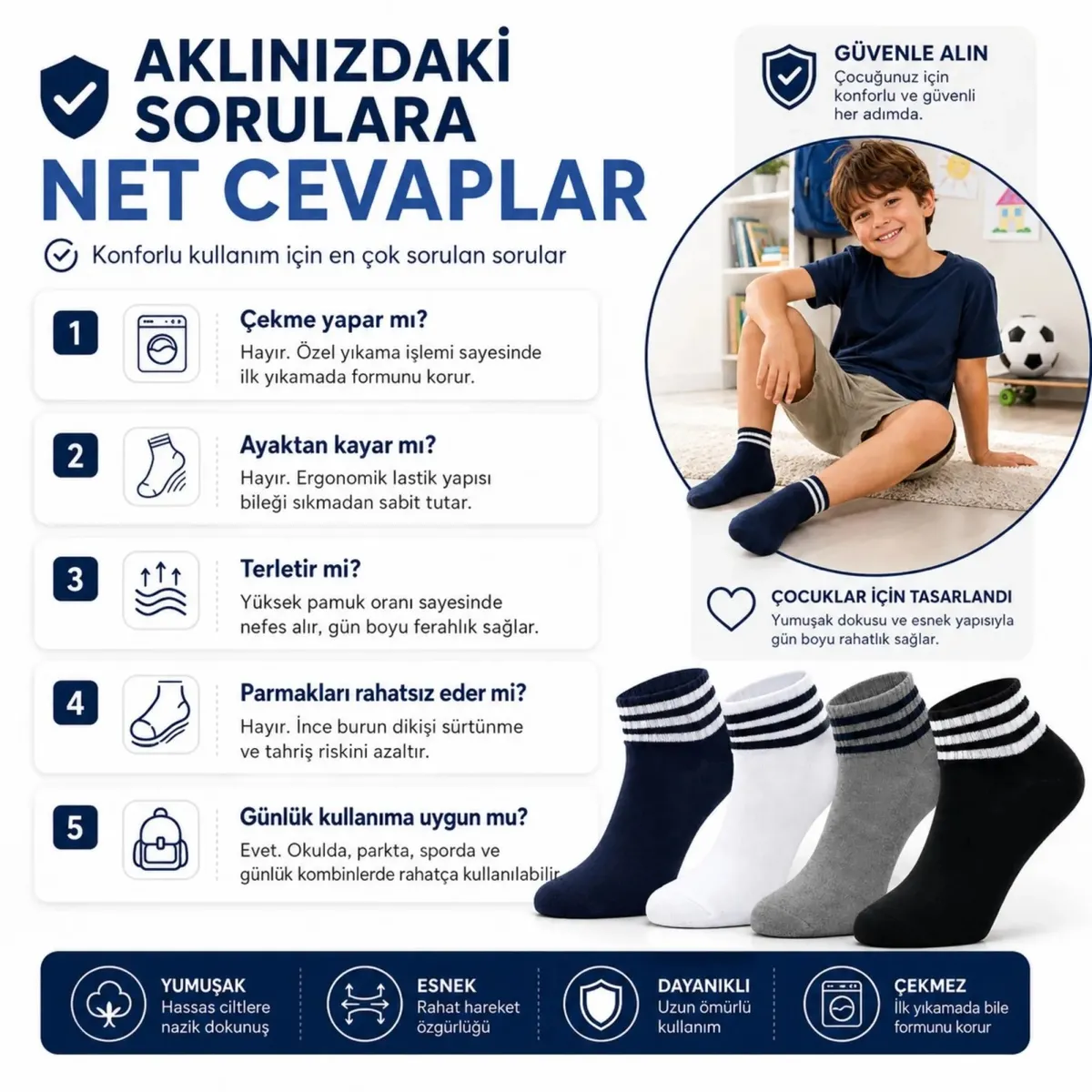 Erkek Çocuk Pamuklu Çizgili Patik Çorap 8'li | Nefes Alan Esnek Okul Günlük Spor Çorabı görseli