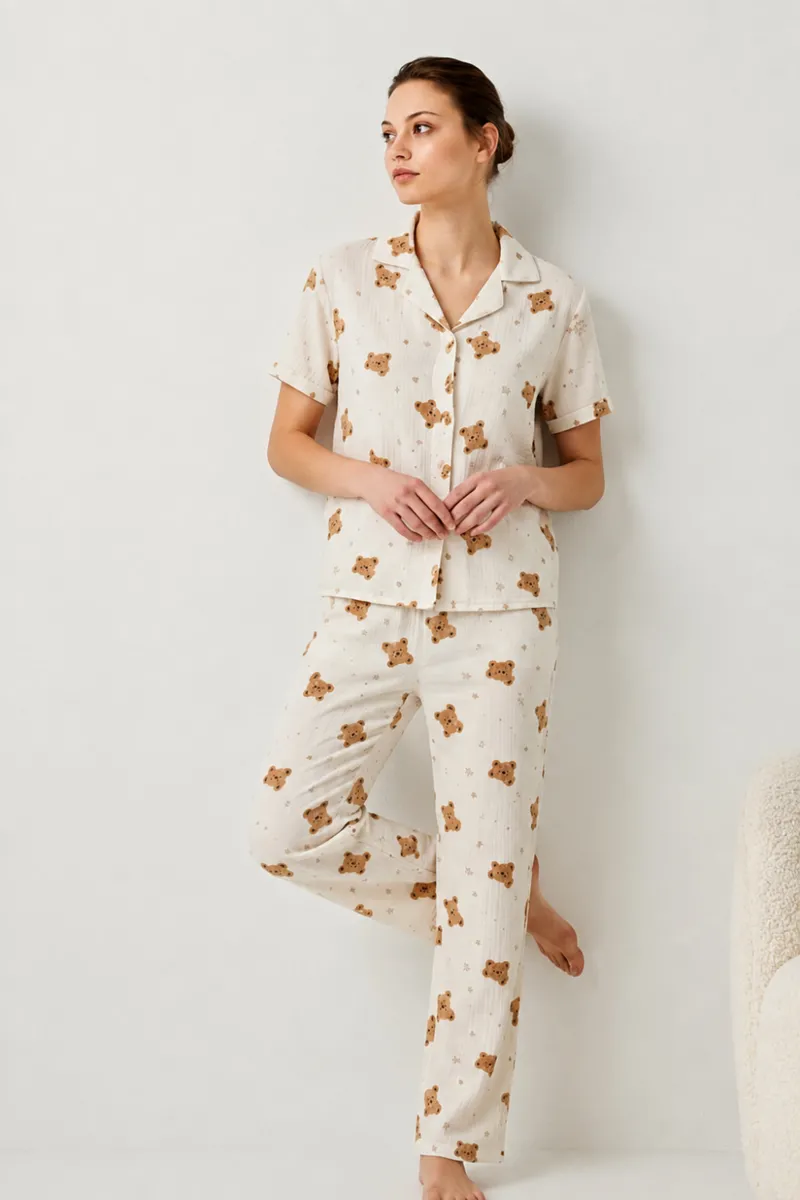V Yaka Kapama Lastik Bel Kırık Beyaz Pijama Takımı görseli
