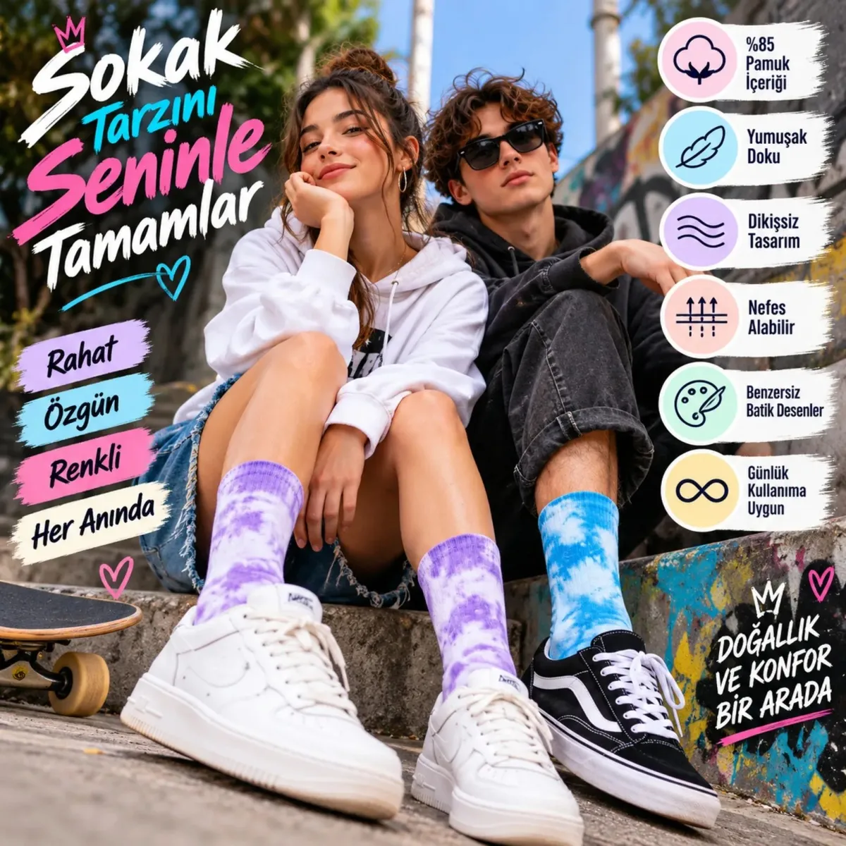 Unisex Batik Desenli Soket Çorap 5'li Set | Renkli Tie Dye Günlük Spor Sneaker Çorabı Modern Stiliyle görseli