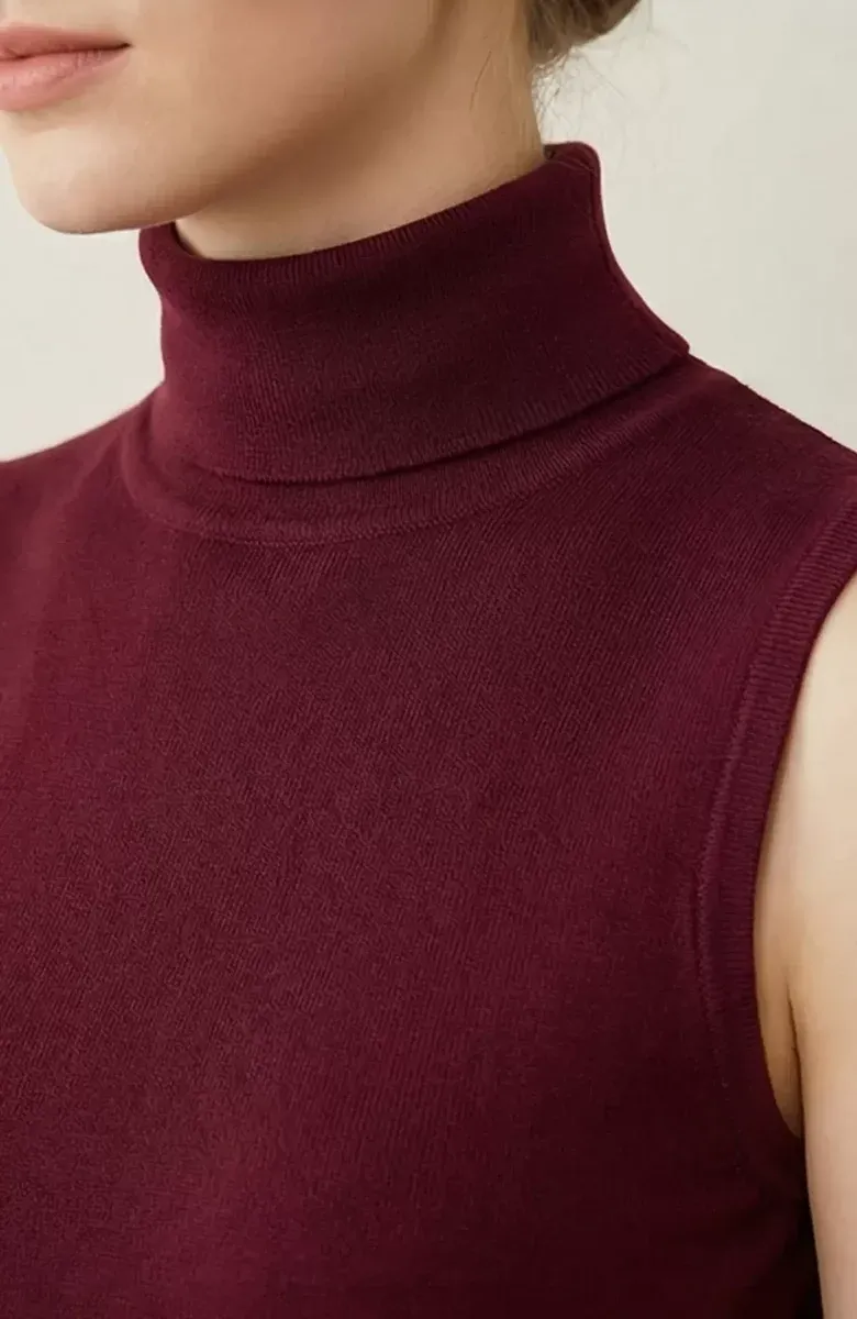 Kadın Bordo Kolsuz Balıkçı Yaka Basic Bluz görseli