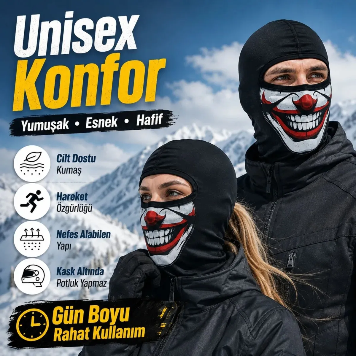 Unisex Palyaço Baskılı Balaklava Maske 1 Adet Tek Beden Viskoz Kask İçi Outdoor Motosiklet Maskesi görseli
