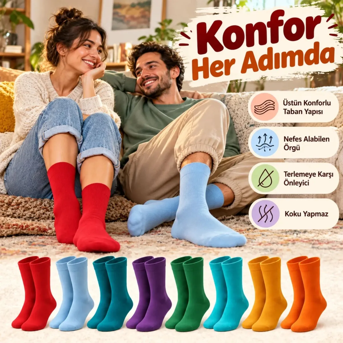 Unisex Renkli Çorap 8'li Set Günlük Rahat Esnek Uzun Soket Çorap Canlı Renkler Yumuşak Konforlu Seti görseli