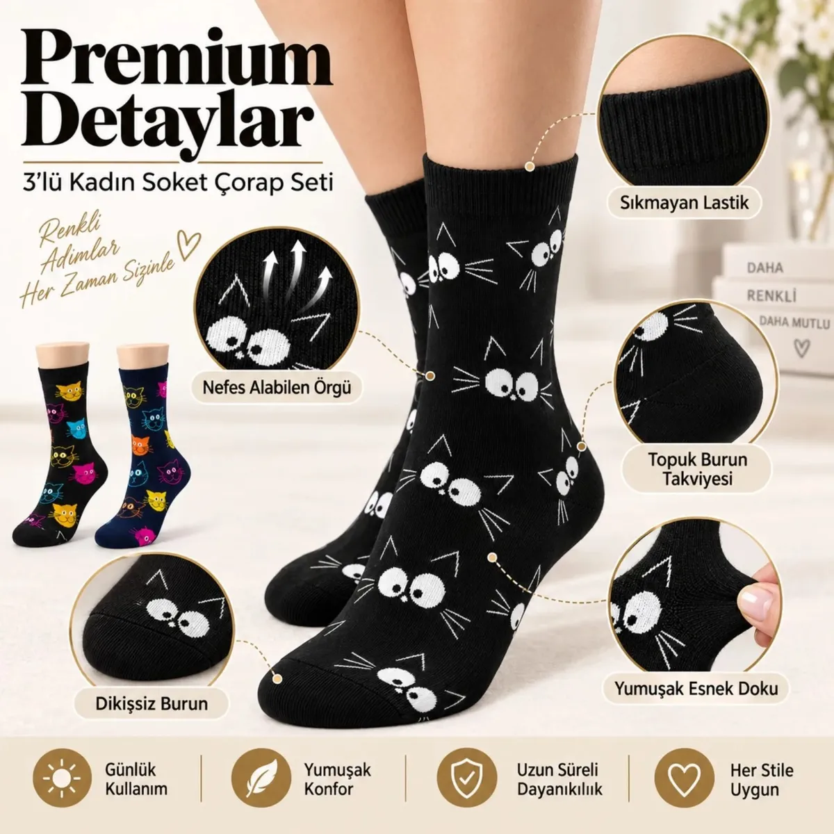 Unisex Kedi Desenli Çorap 3'lü Set Pamuklu Renkli Uzun Soket Dikişsiz Nefes Alan Rahat Günlük Çorap görseli