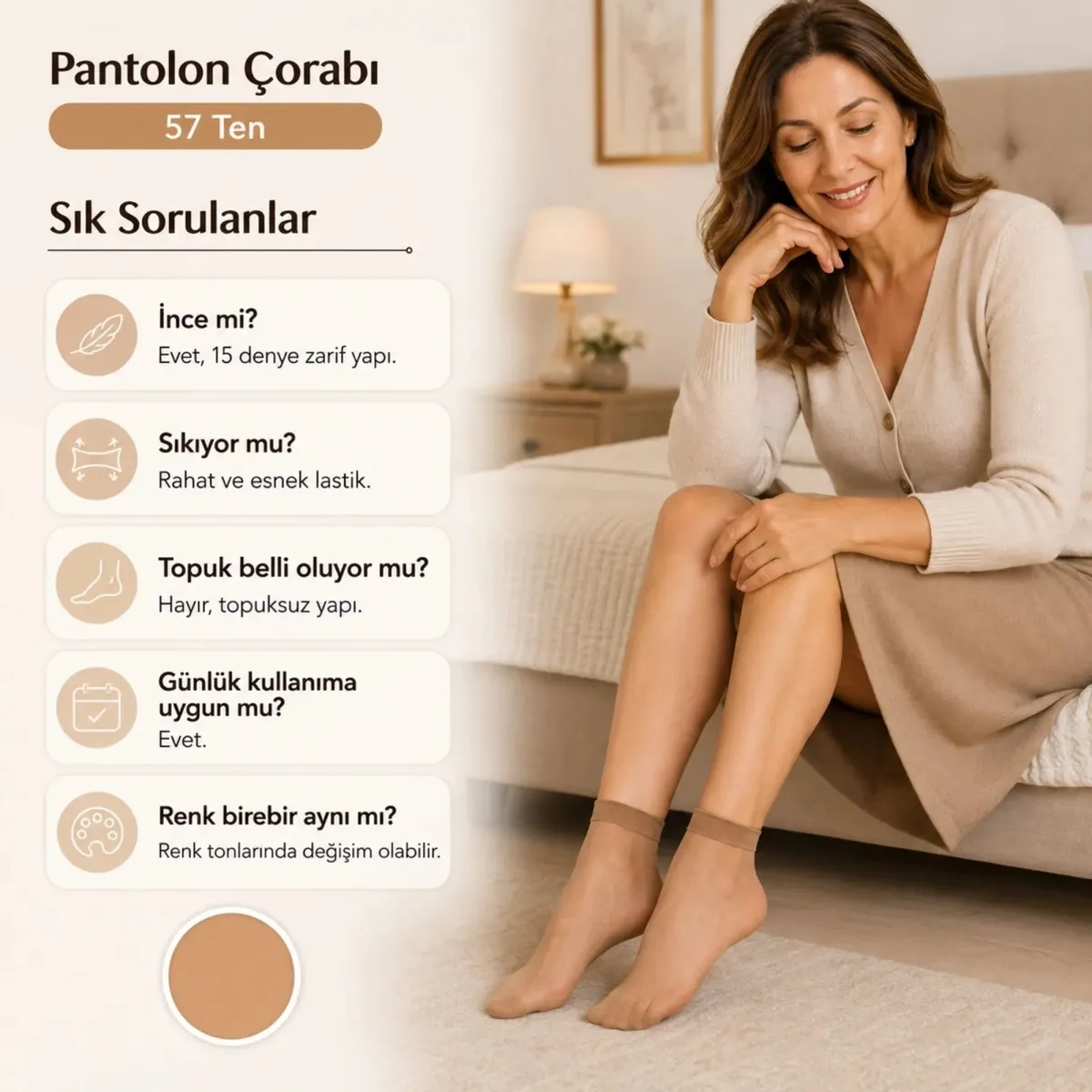 Kadın Pantolon Çorabı 12 Çift Siyah ve Ten İnce Topuksuz Günlük Rahat Bilek Çorabı görseli