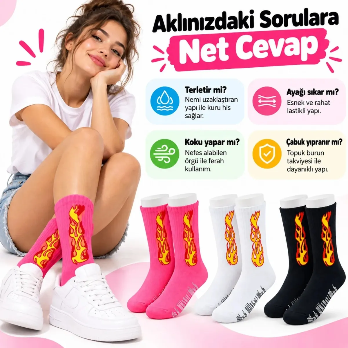 Unisex Alev Desenli Çorap 3'lü Set Pamuklu Uzun Soket Dikişsiz Nefes Alan Günlük Spor Çorabı Yumuşak görseli