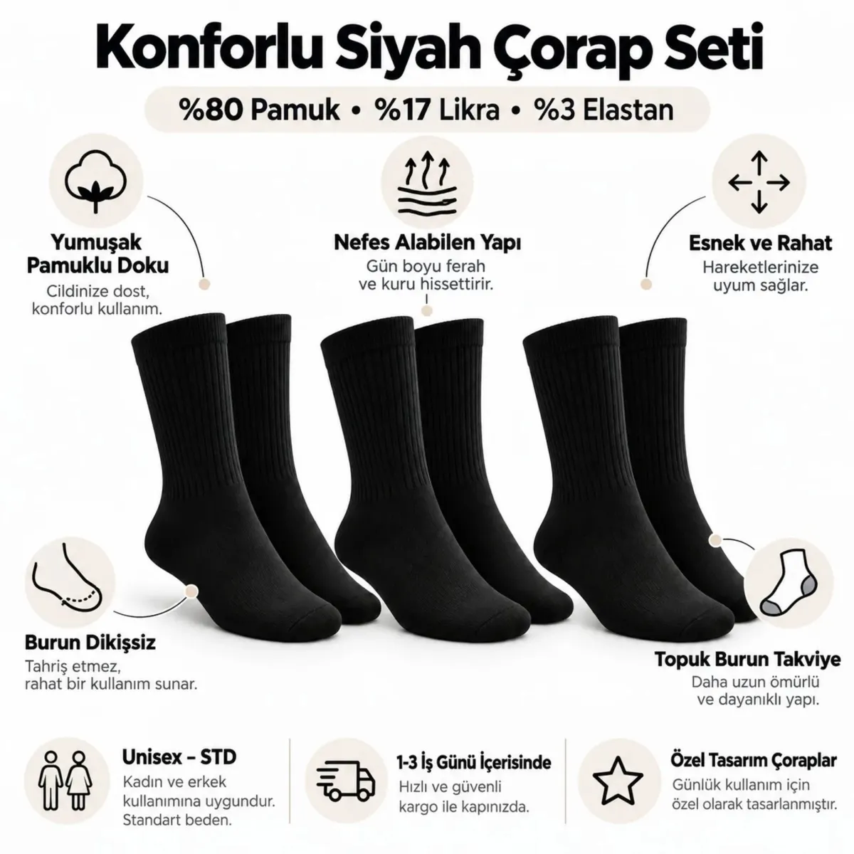 Unisex Siyah Soket Çorap 12'li Düz Basic Ribanalı Günlük Spor Esnek Rahat Uzun Çorap Konforlu Set görseli