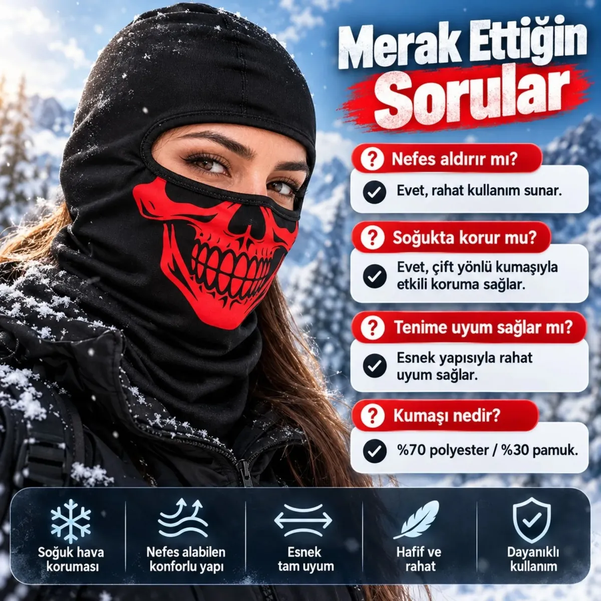Unisex Kırmızı Kurukafa Desenli Balaklava Kar Maskesi | Siyah Tam Kafa Boyunluk Motorcu Yüz Maskesi! görseli