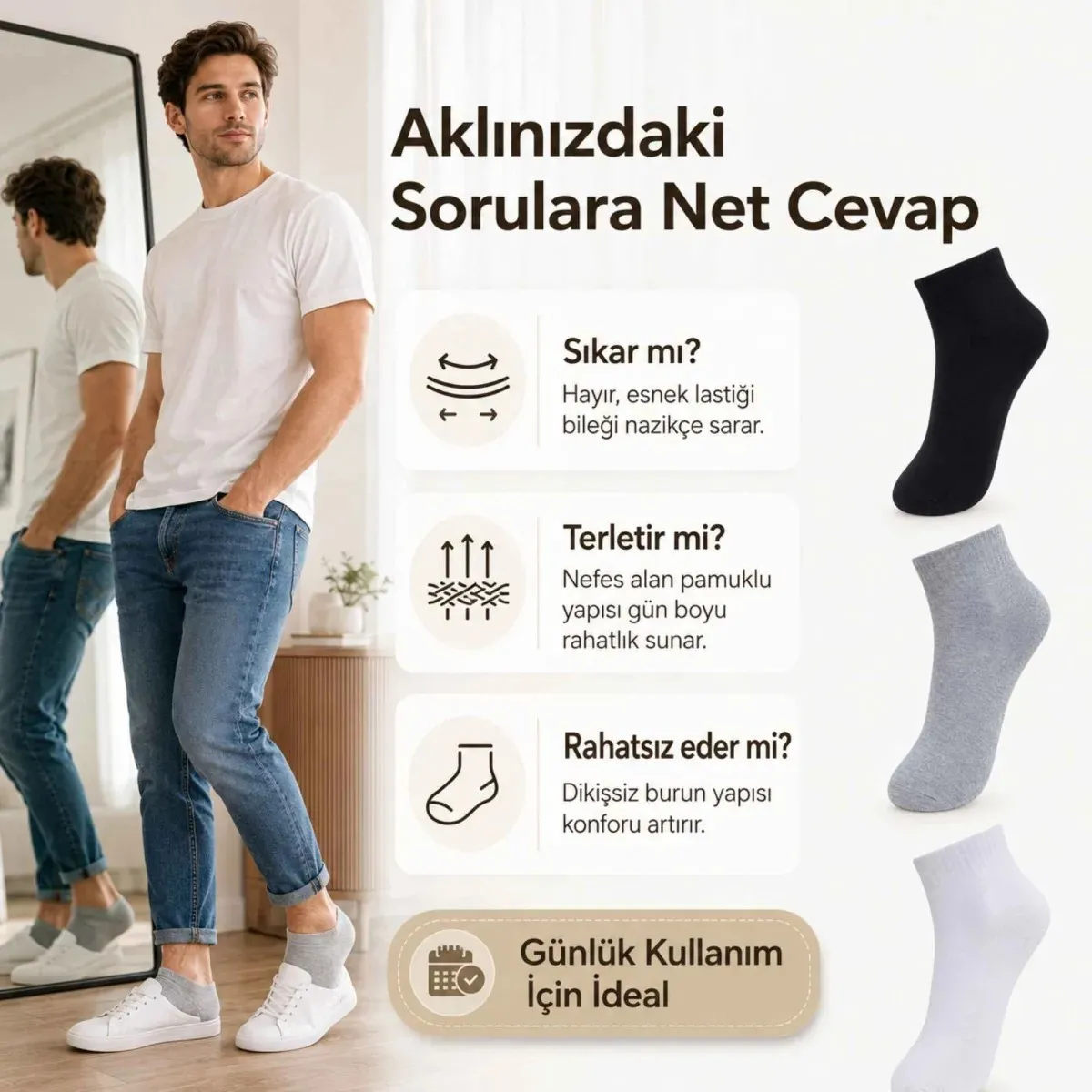 Erkek Kısa Konç Çorap 3'lü | %80 Pamuklu Dikişsiz Burun, Nefes Alan, Siyah Gri Beyaz görseli