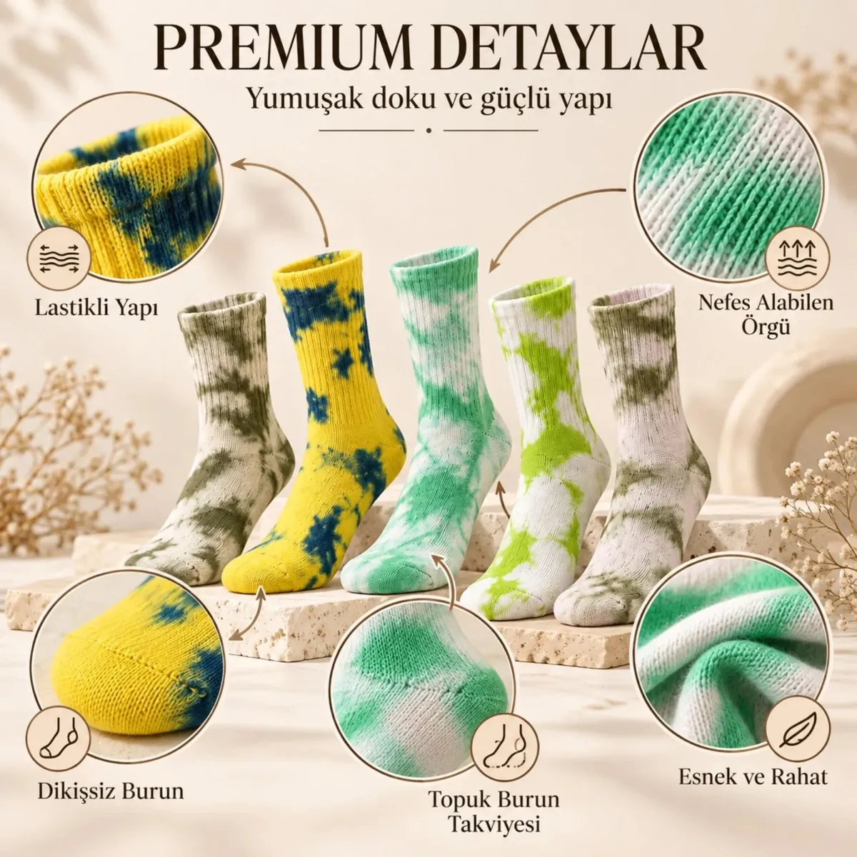 Unisex Batik Desenli Çorap 10'lu Pamuklu Renkli Uzun Soket Dikişsiz Nefes Alan Günlük Spor Çorabı görseli