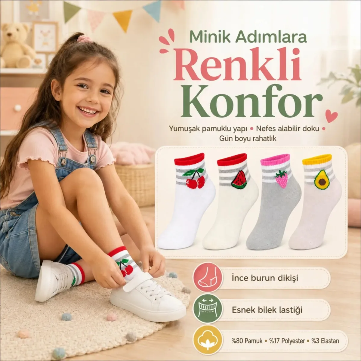 Kız Çocuk Pamuklu 8'li Meyve Desenli Çorap Kiraz Karpuz Çilek Avokado Günlük Bilek Çorabı görseli