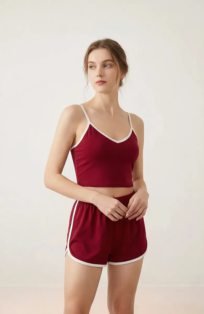 Kadın Bordo Askılı Crop Top ve Şortlu Gecelik Takım – Modern, Konforlu ve Günlük Kombinlere Uygun