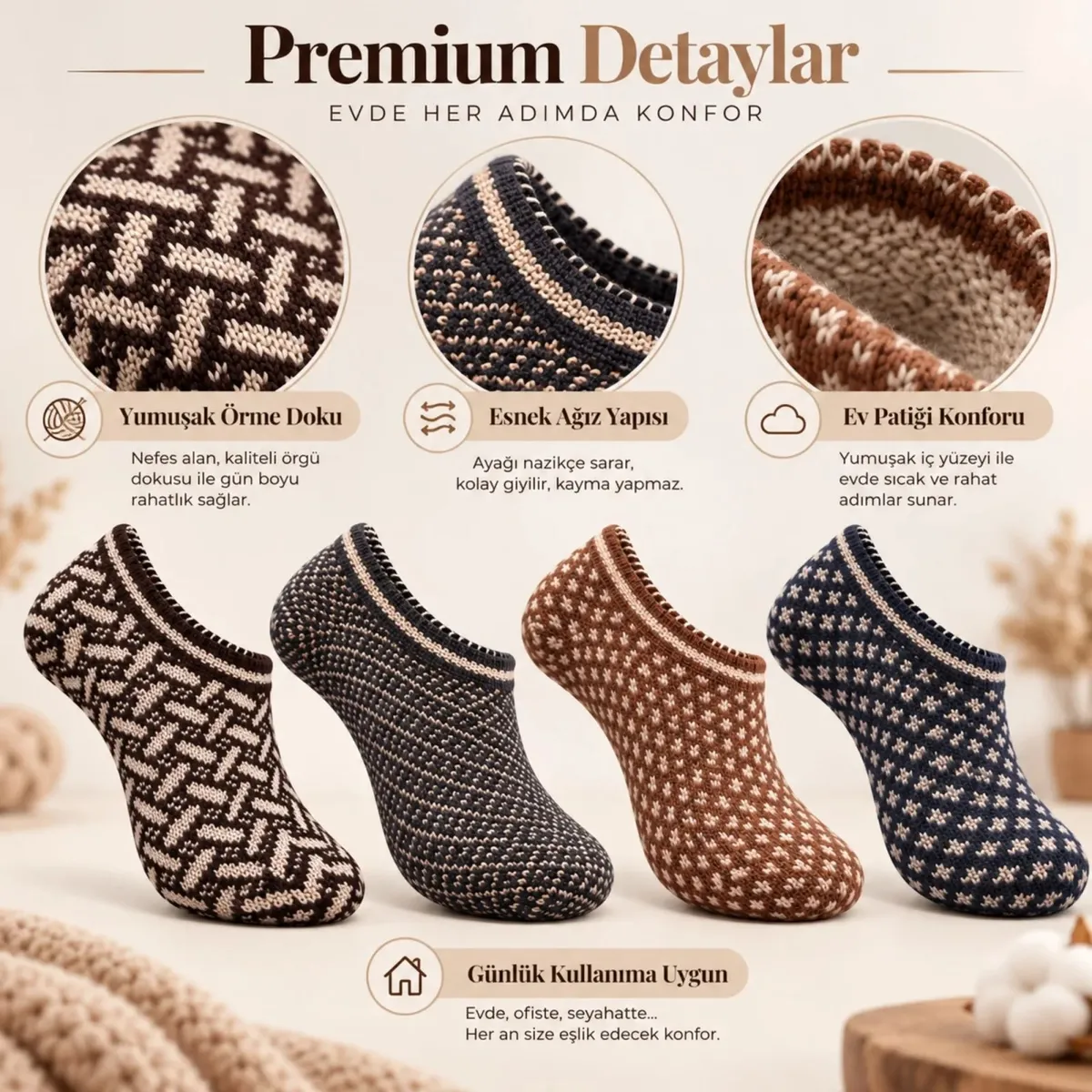 Erkek Ev Patiği 8'li Set | Geometrik Desenli Örgü Görünümlü Kısa Patik Çorap Karışık Renkli Paketler görseli