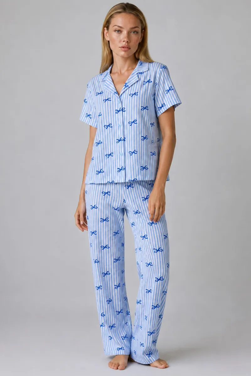 Mavi Kurdele Desenli Çizgili Bürümcük Pijama Takımı 4645-Mavi görseli