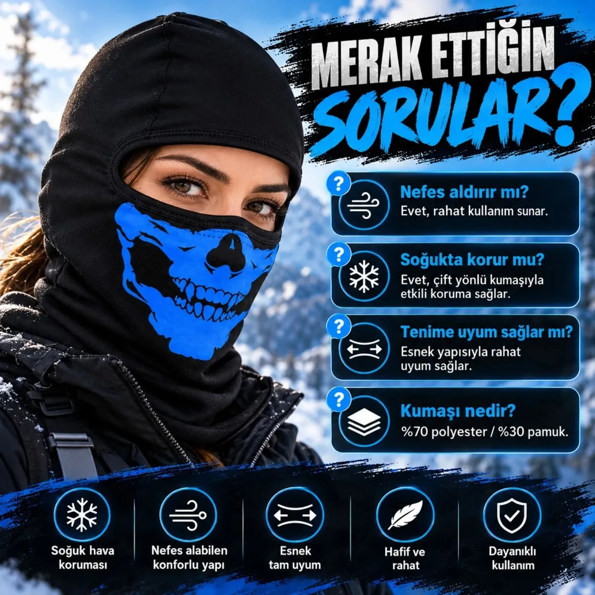 Unisex Mavi Kurukafa Desenli Balaklava Kar Maskesi | Siyah Tam Kafa Motorcu Boyunluk ve Yüz Maskesi! görseli