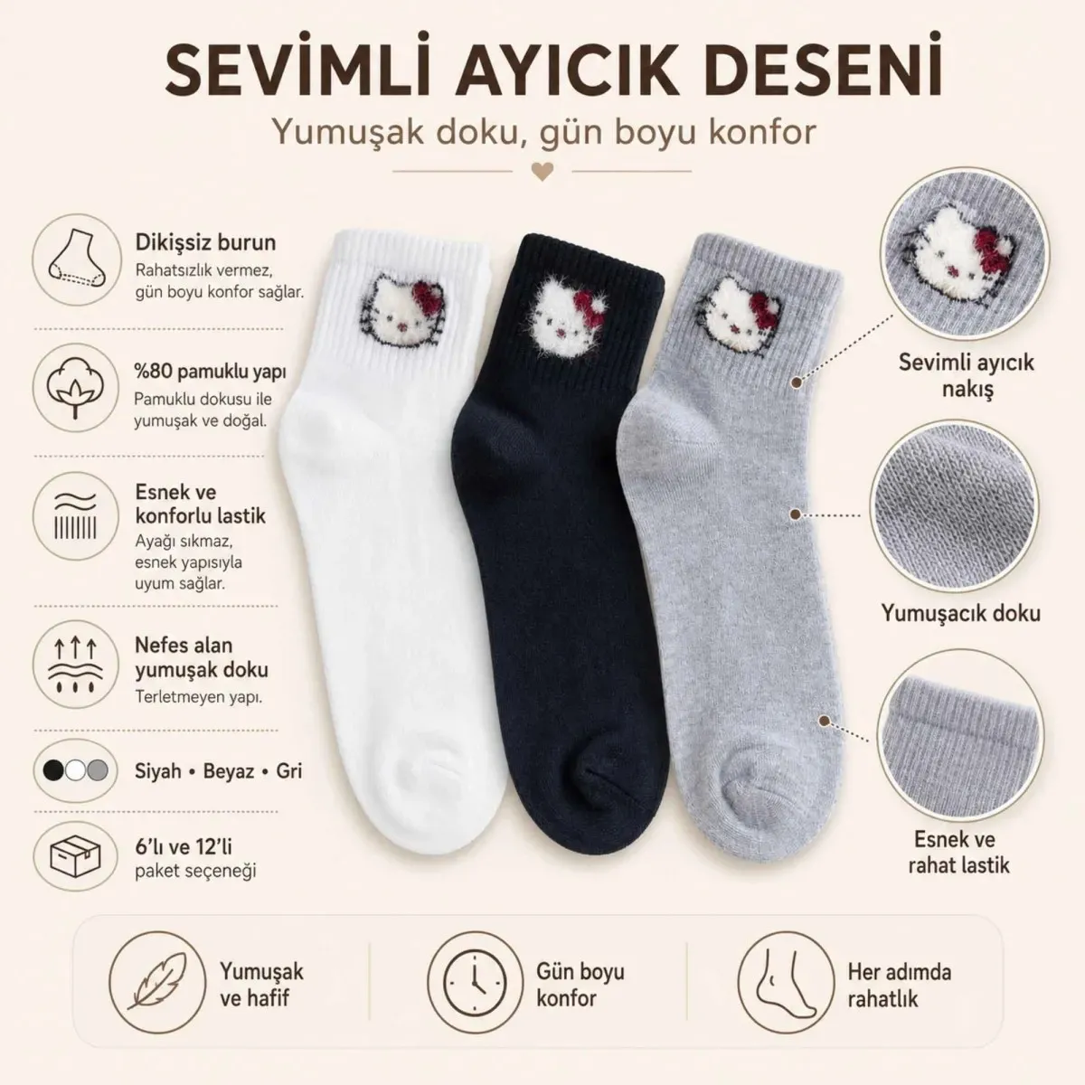 Kadın Sevimli Kedi Desenli Bilek Çorap 3'lı | %80 Pamuklu Dikişsiz, Siyah Beyaz Gri görseli