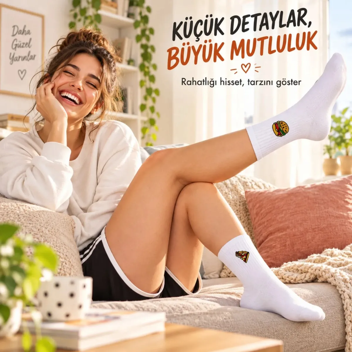 UNİSEX Çorap Beyaz Nakışlı 3'lü Set Pizza Hotdog Hamburger Desenli Uzun Soket Günlük Spor Çorap Seti görseli