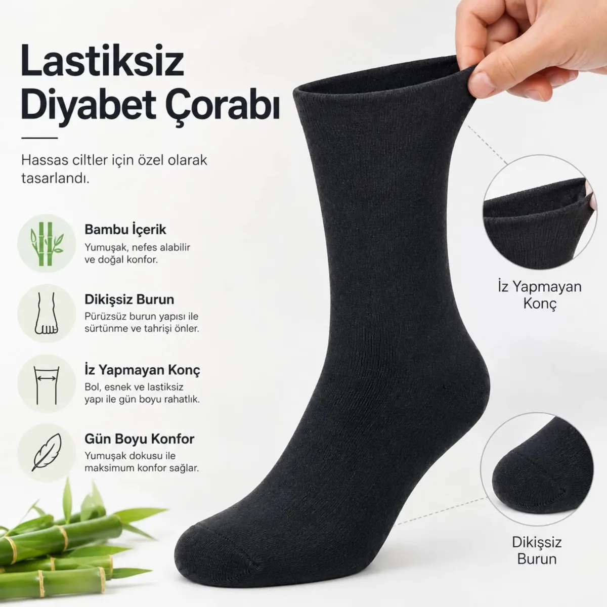 Bambu Diyabet Çorabı 3'lü Lastiksiz Dikişsiz Burun Siyah Uzun Konç Hassas Ayaklar İçin görseli