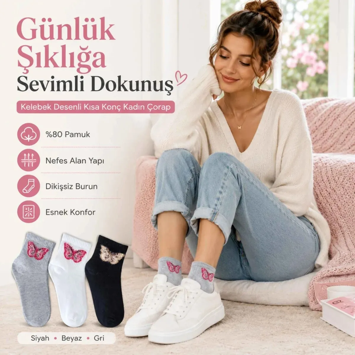 Kadın Kelebek Desenli Kısa Konç Çorap 12'li | %80 Pamuklu Dikişsiz, Siyah Beyaz Gri görseli