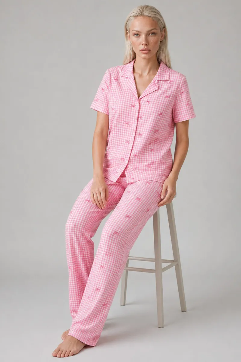 Ekose Fiyonk Desenli Kısa Kollu Pijama Takımı Kadın Düğmeli Uzun Alt Pembe Pijama Takımı 4633