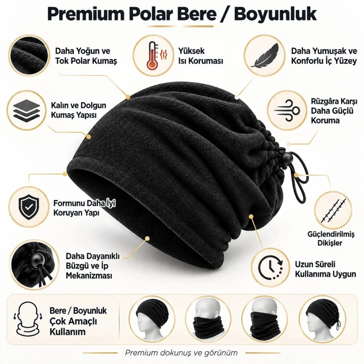 Unisex Premium Polar Bere Boyunluk 2'si 1 Arada Sıcak Tutan Rüzgar Korumalı Outdoor Kışlık Siyah Şık görseli