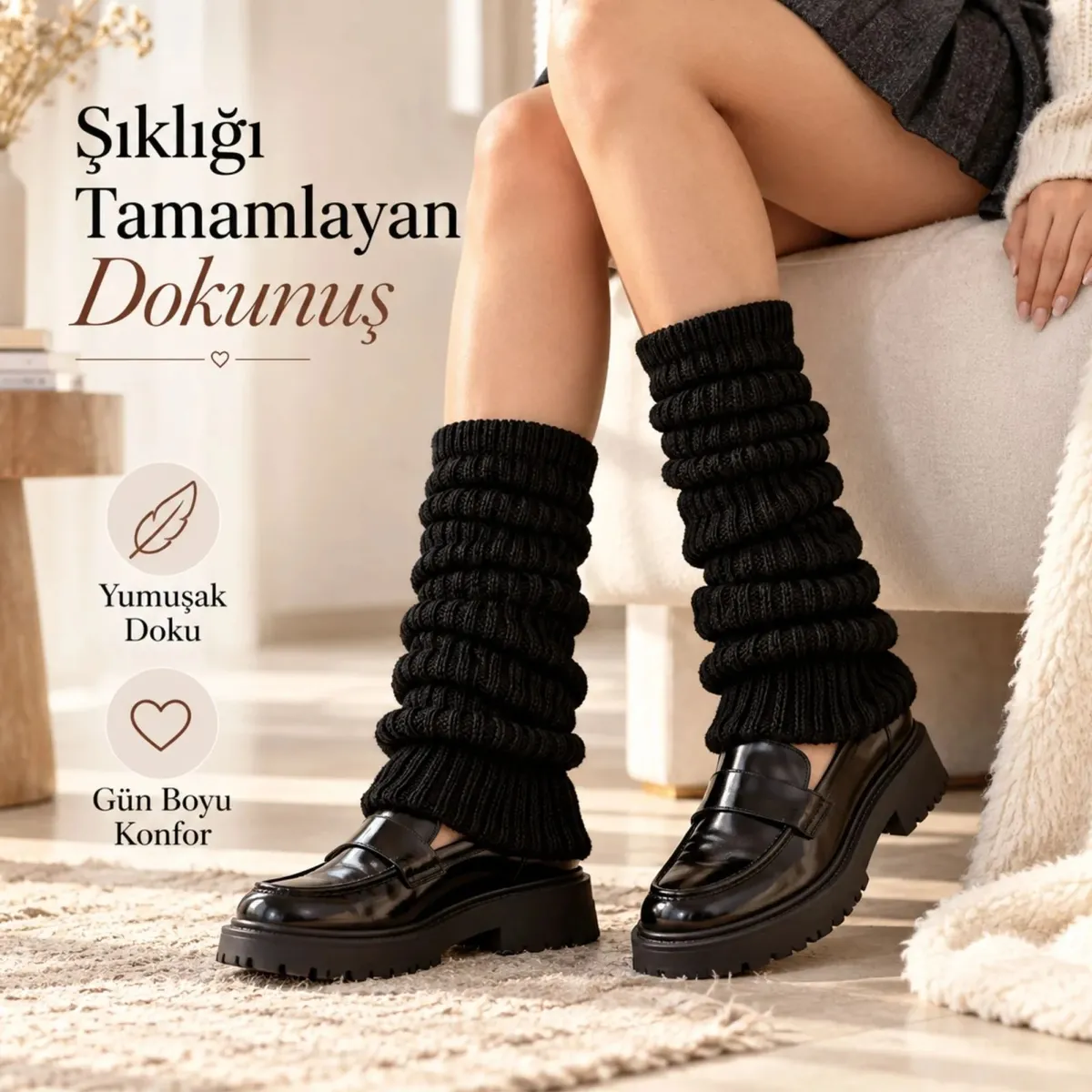 Kadın Siyah Fitilli Örgü Tozluk 3'lü Seti | %97 Pamuk %3 Polyester Büzgülü Uzun Kışlık Bacak Isıtıcı