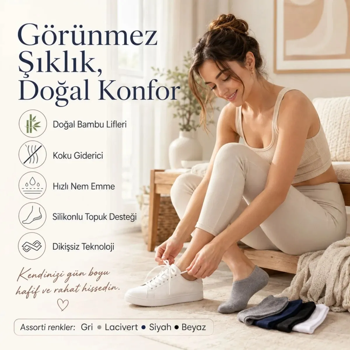 Erkek Bambu 8’li Babet Çorap Görünmez No Show Dikişsiz Silikon Topuklu görseli